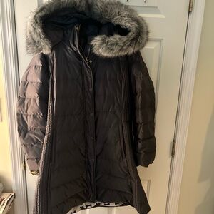 kate spade Gray Puffer Coat with Faux Fur Trim